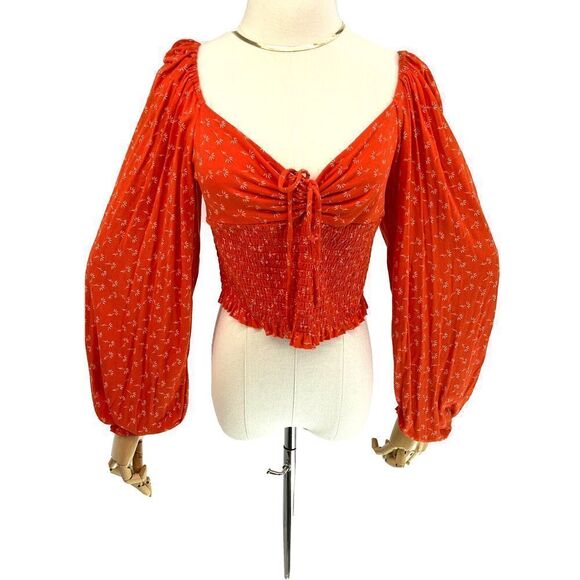 Urban Outfitters Womens Orange Top Smocked Crop Floral  Puff Sleeve Large - Picture 11 of 12